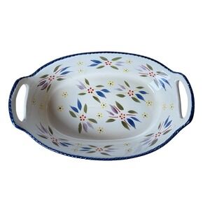 Temptations Old World 3 Qt Oval Baking Dish Floral Pattern Blue Rim